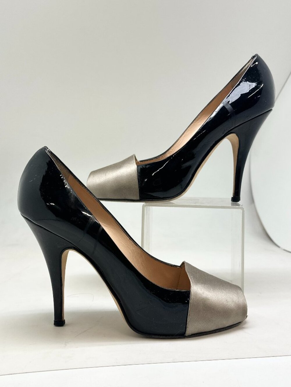 Giuseppe Zanotti Black Patent Leather Silver Peep Toe Heels Size 6.5